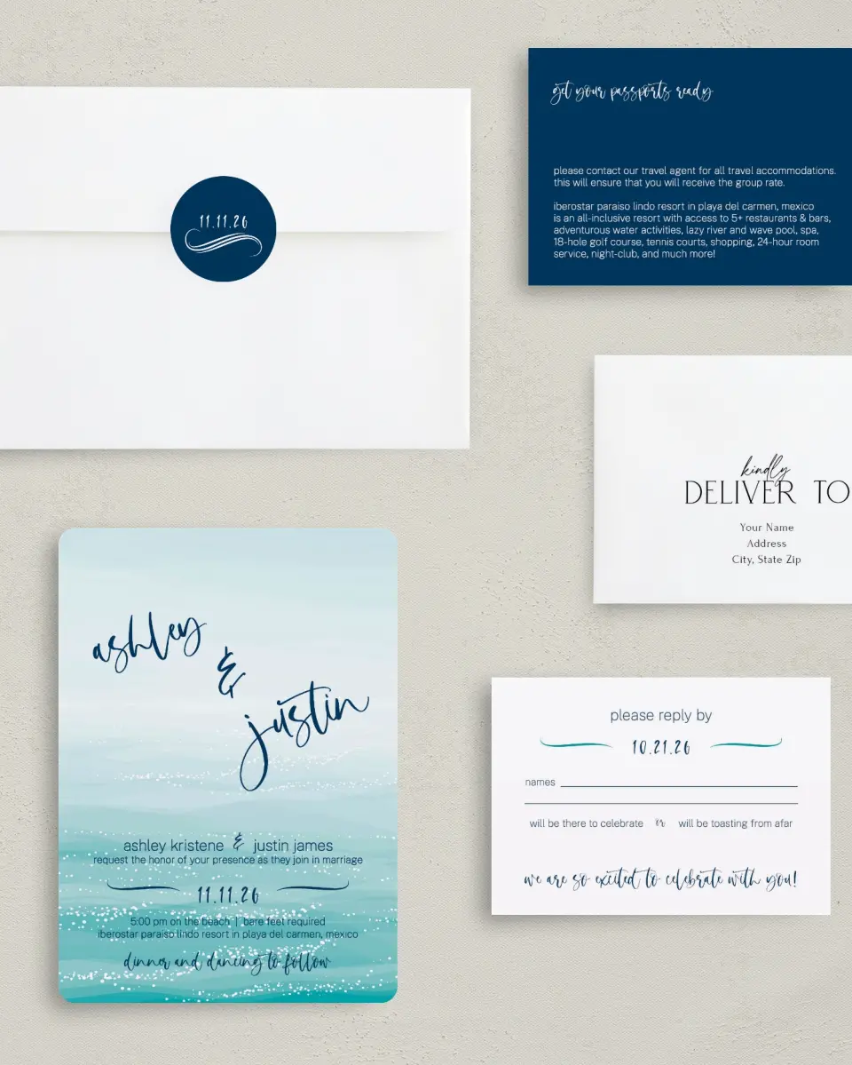 This is a 5" x 7" Rounded Wedding Invitation called Beyond the Shore printed in full color with Rose Gold foil on Luxe Satin (coated) paper