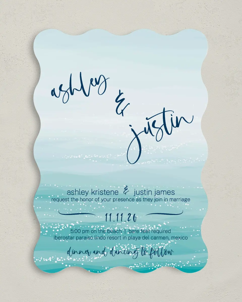 This is a 5" x 7" Wavy Wedding Invitation called Beyond the Shore printed in full color on Premium Smooth paper
