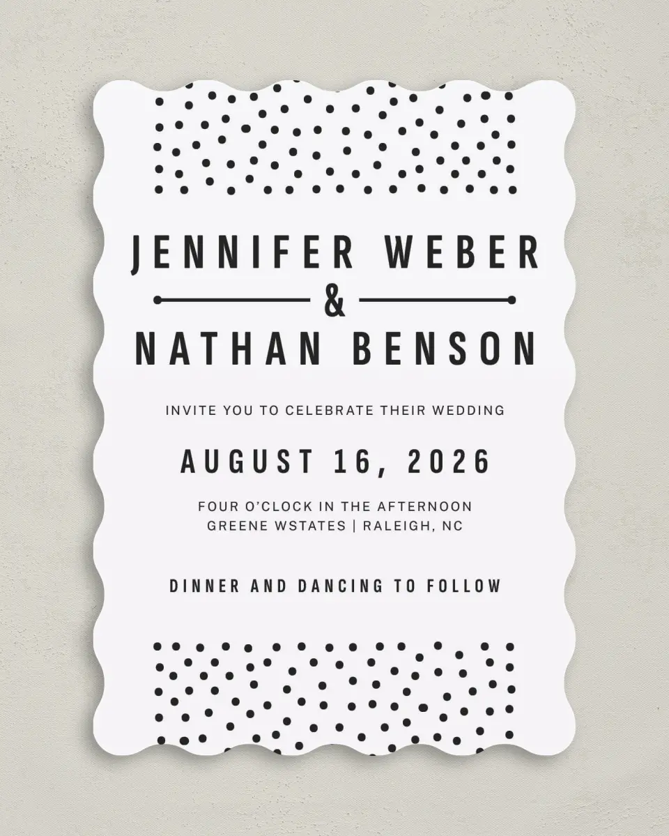 This is a 5" x 7" Wavy Wedding Invitation called Pop of Dots printed in full color on Premium Smooth paper