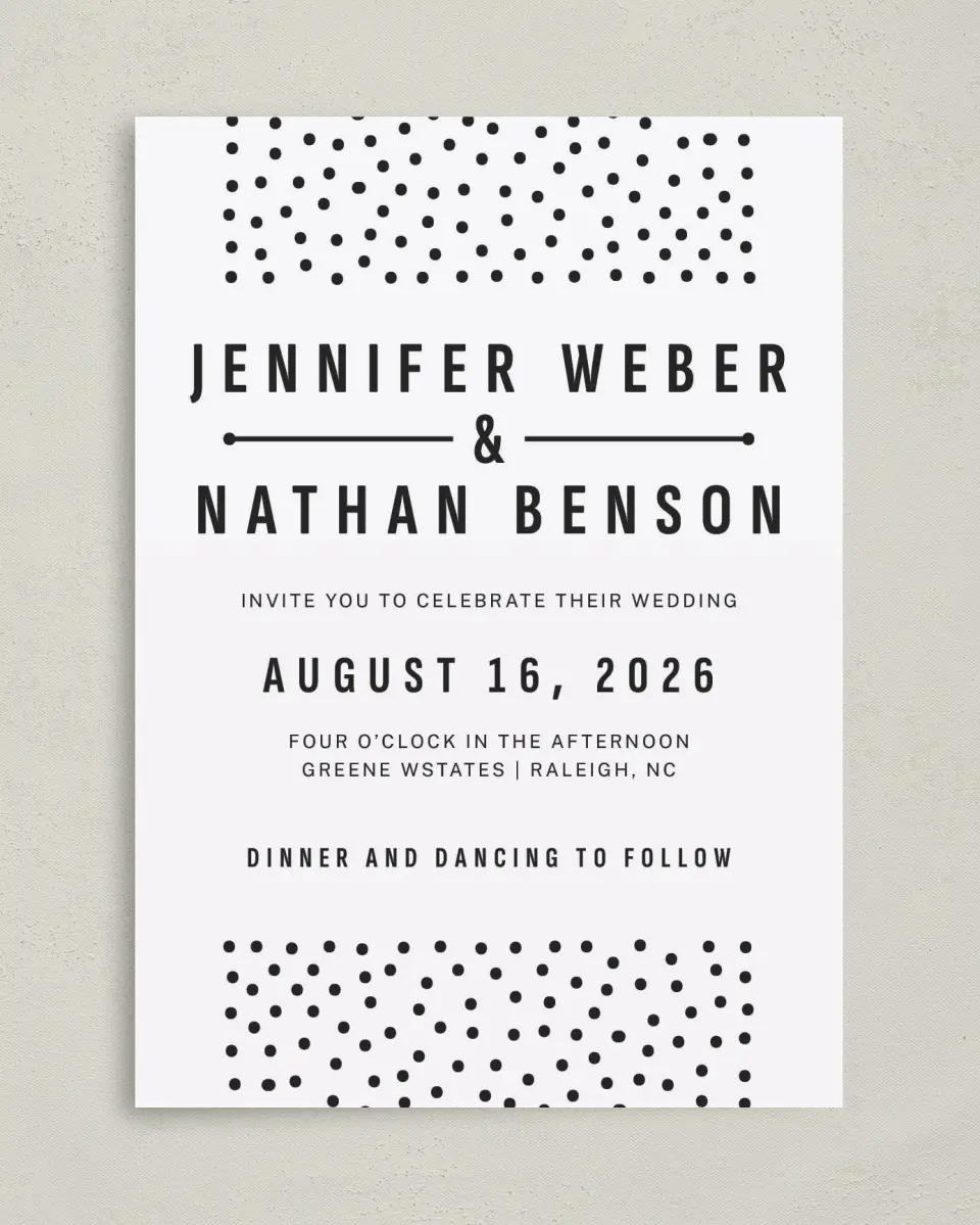 This is a 5" x 7" Classic Wedding Invitation called Pop of Dots printed in full color with Gold foil on Luxe Satin (coated) paper