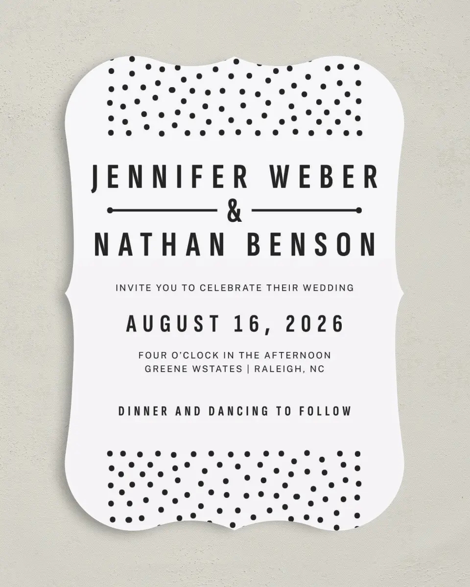This is a 5" x 7" Bracket Wedding Invitation called Pop of Dots printed in full color with Silver foil on Luxe Satin (coated) paper