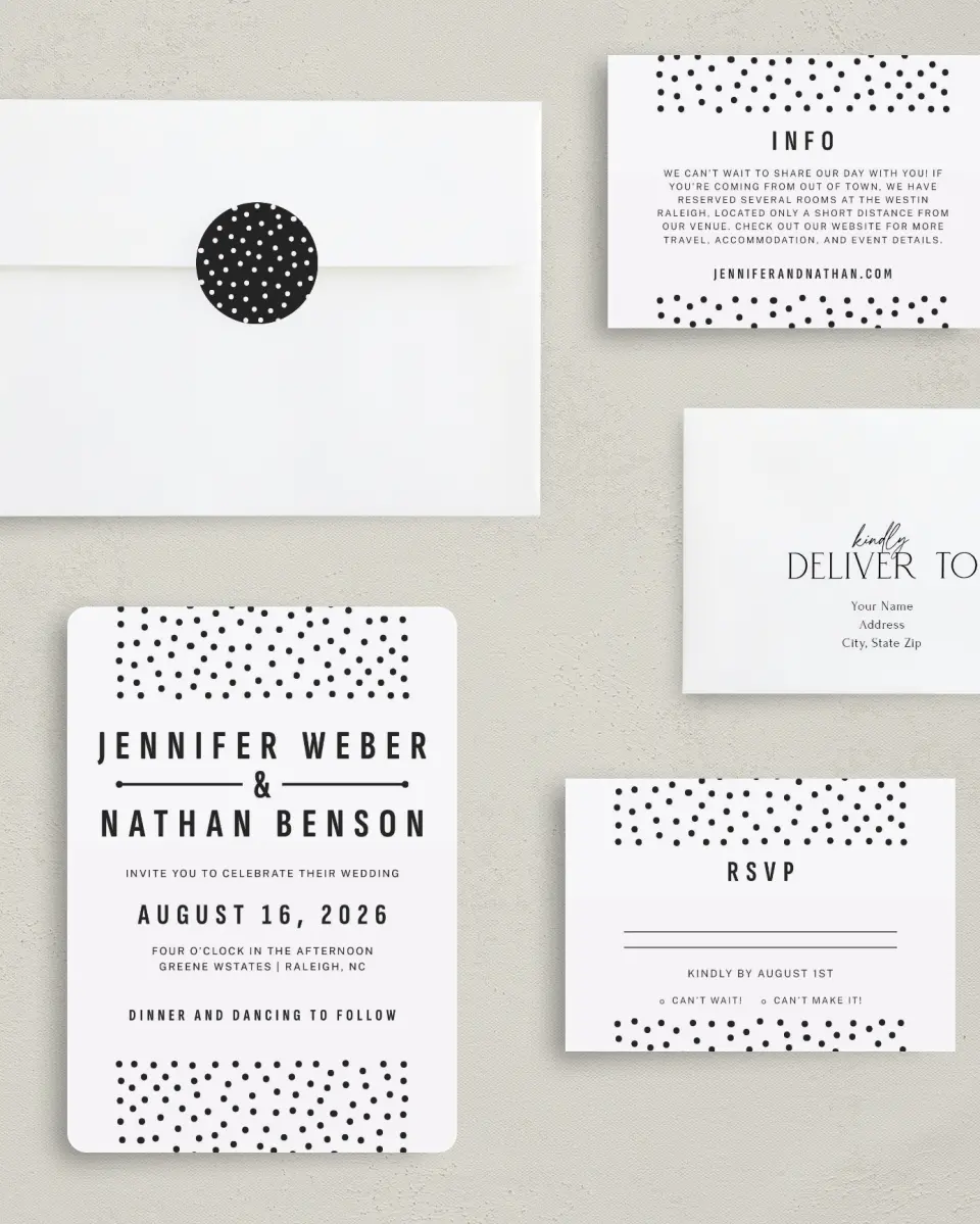 This is a 5" x 7" Rounded Wedding Invitation called Pop of Dots printed in full color with Rose Gold foil on Luxe Satin (coated) paper