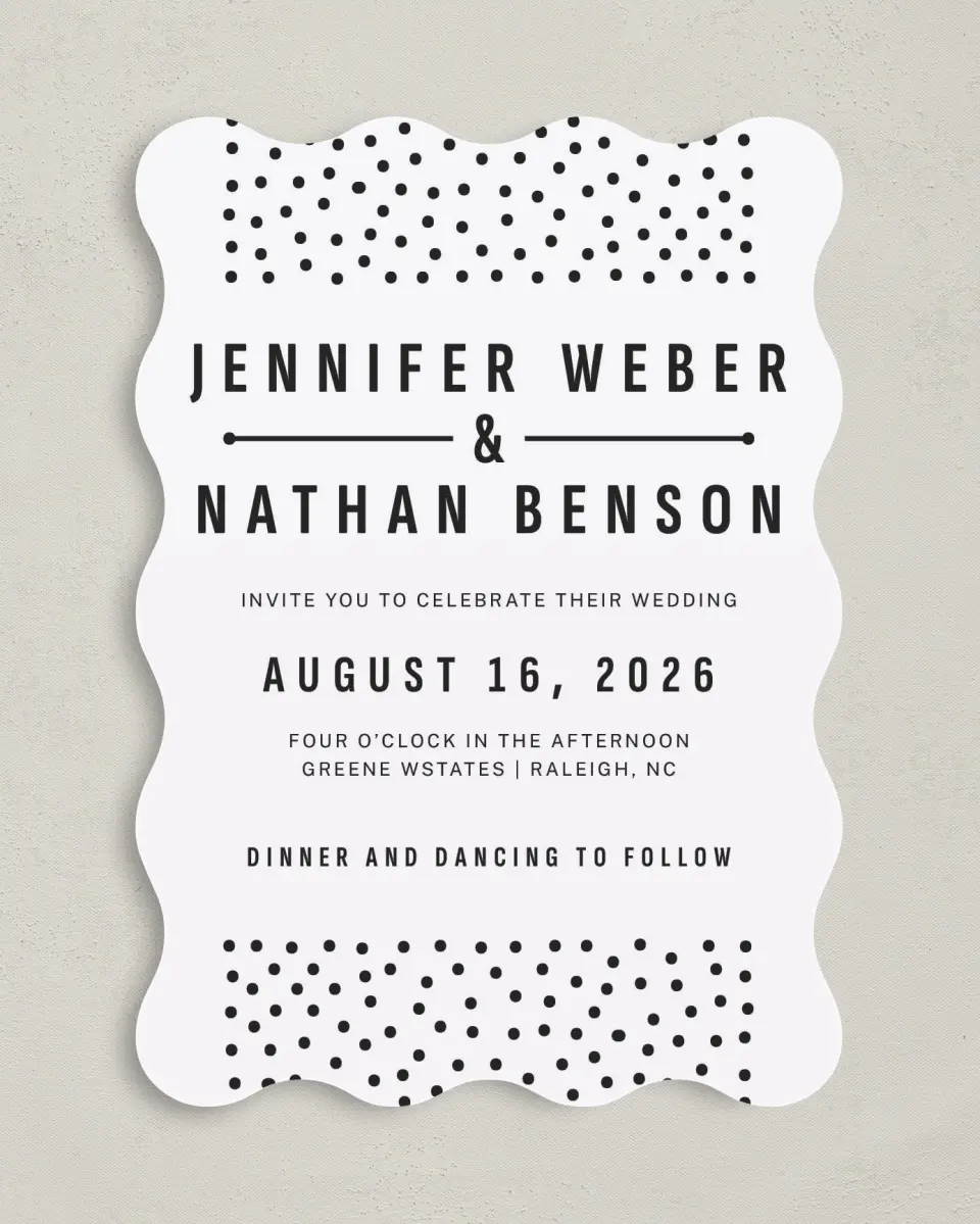 This is a 5" x 7" Wavy Wedding Invitation called Pop of Dots printed in full color on Premium Smooth paper