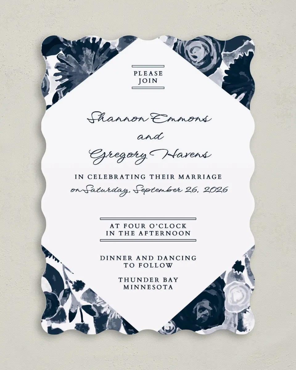 This is a 5" x 7" Wavy Wedding Invitation called Geo Floral printed in full color on Premium Smooth paper