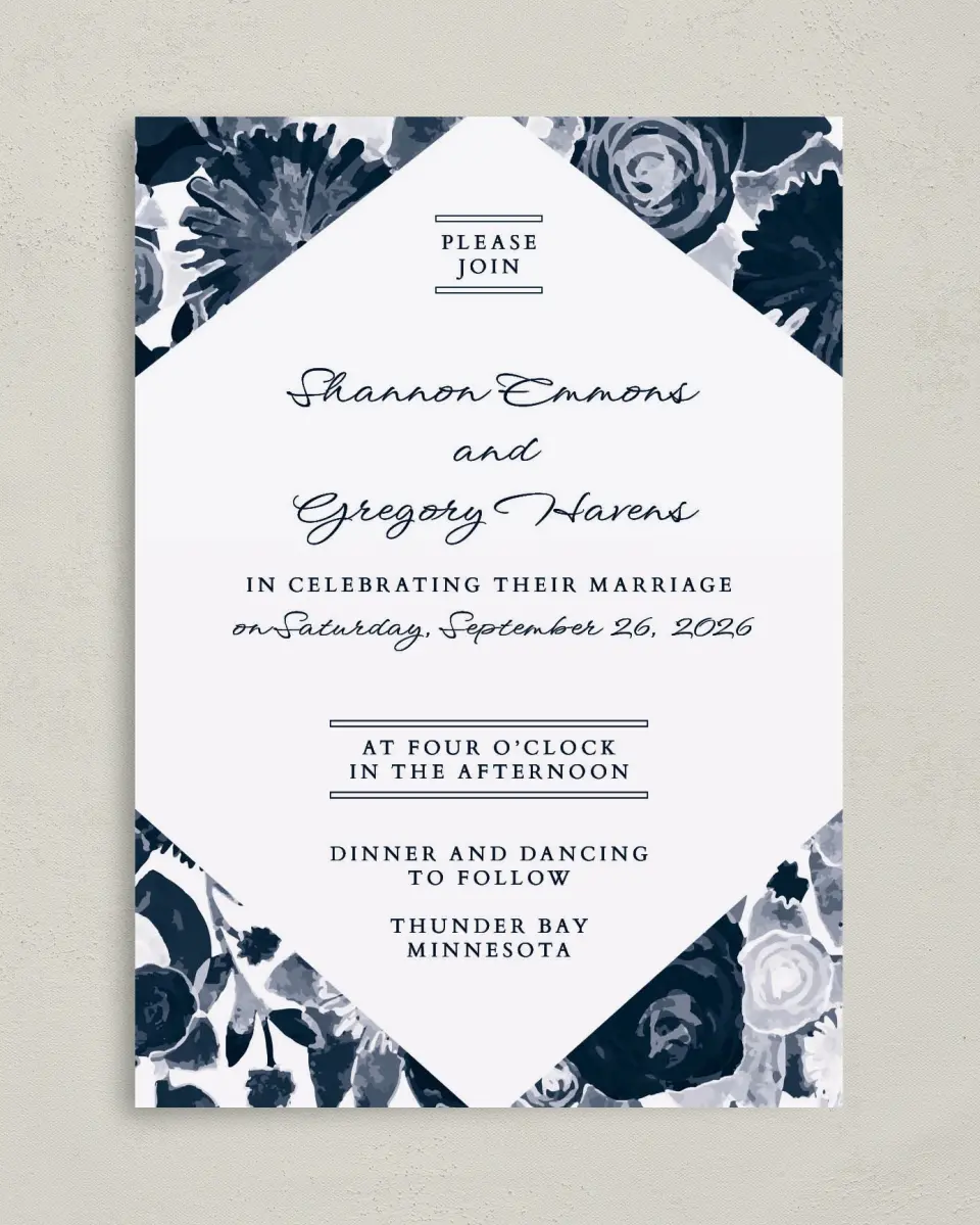 This is a 5" x 7" Classic Wedding Invitation called Geo Floral printed in full color with Gold foil on Luxe Satin (coated) paper
