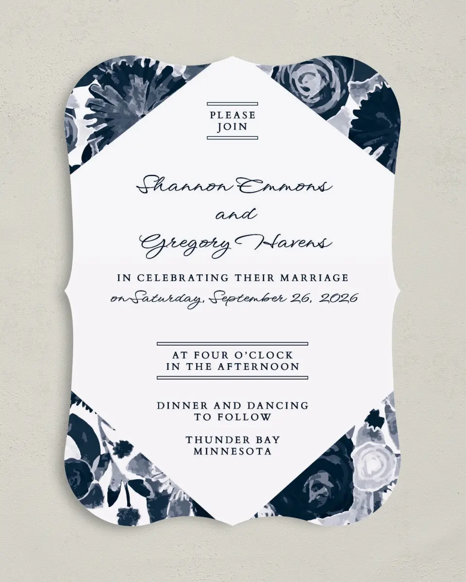 This is a 5" x 7" Bracket Wedding Invitation called Geo Floral printed in full color with Silver foil on Luxe Satin (coated) paper