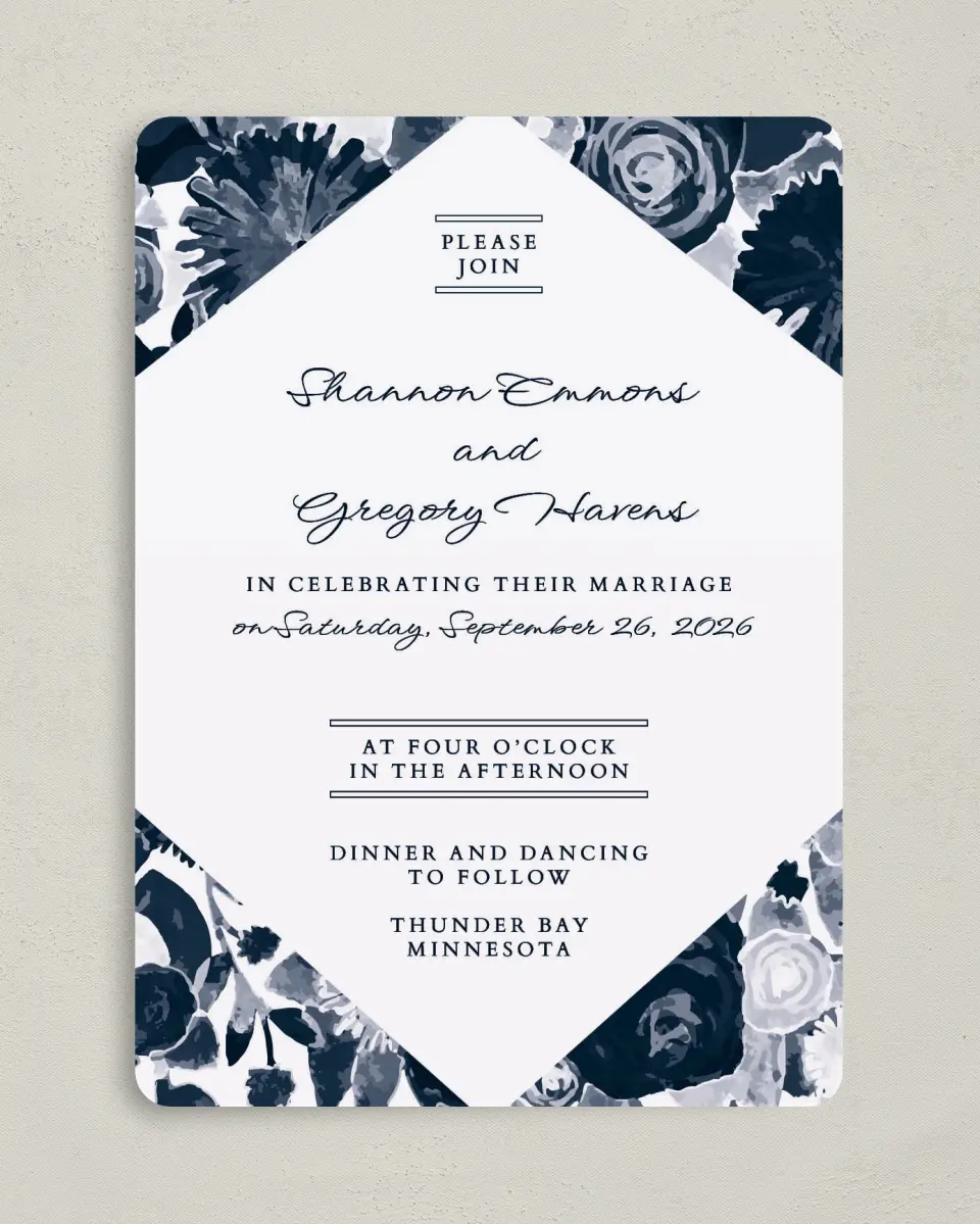 This is a 5" x 7" Rounded Wedding Invitation called Geo Floral printed in full color on Premium Smooth paper