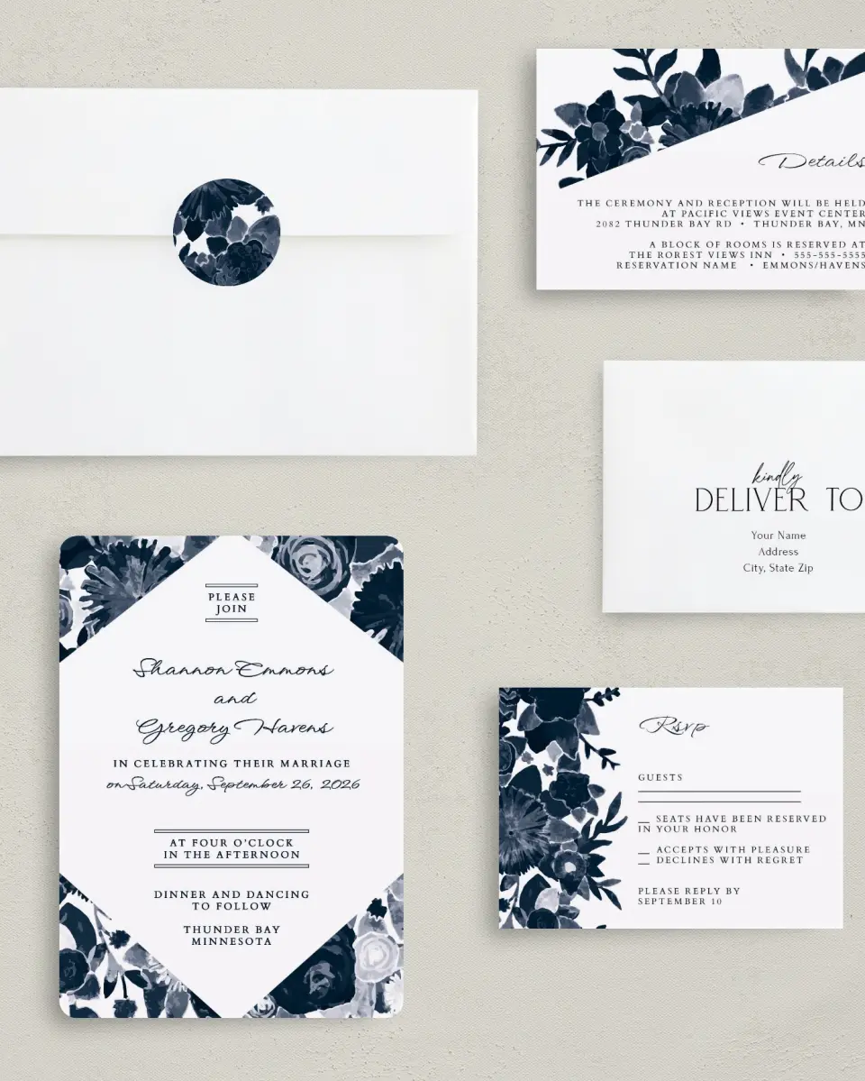 This is a 5" x 7" Rounded Wedding Invitation called Geo Floral printed in full color with Gold foil on Luxe Satin (coated) paper