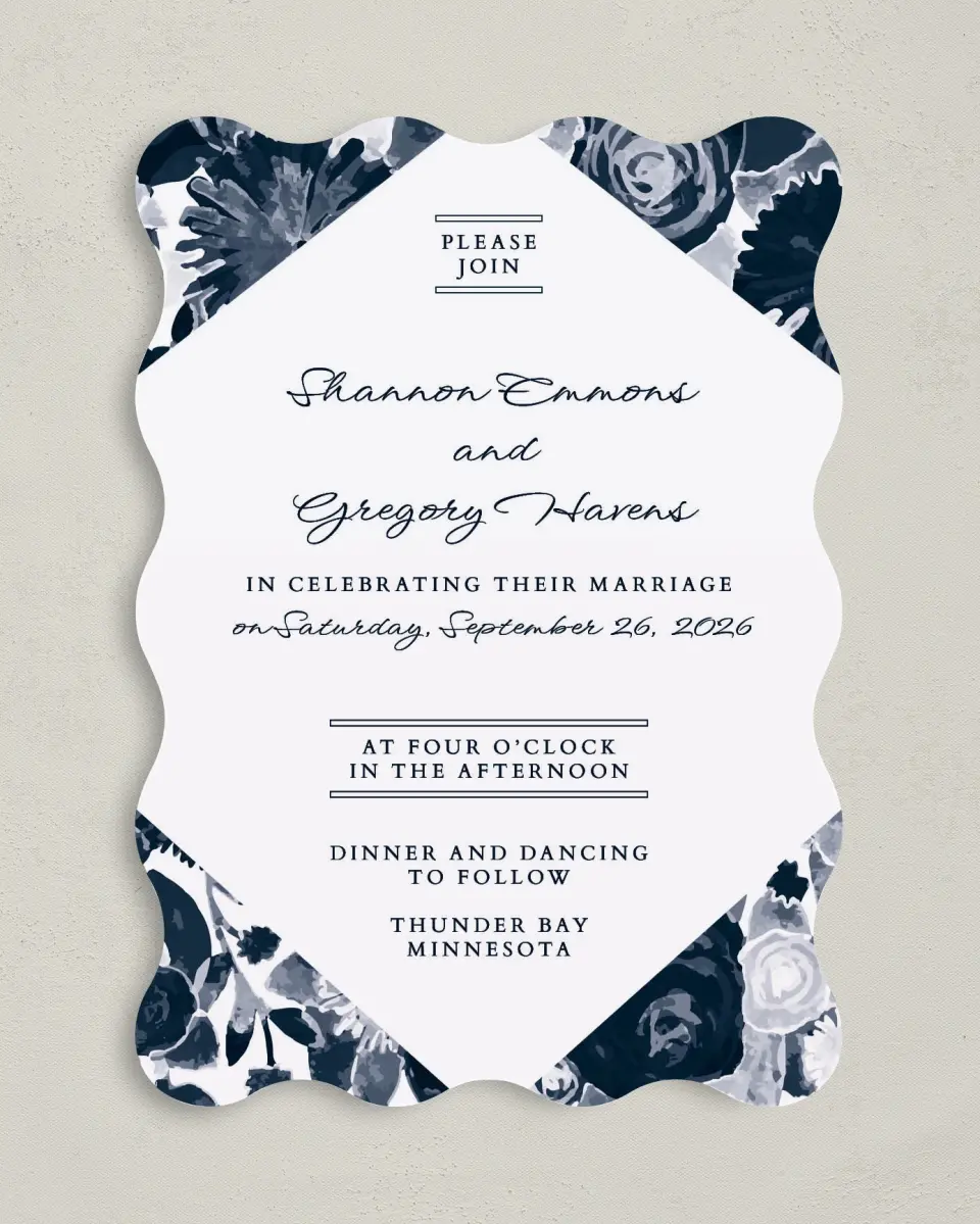 This is a 5" x 7" Wavy Wedding Invitation called Geo Floral printed in full color on Premium Smooth paper