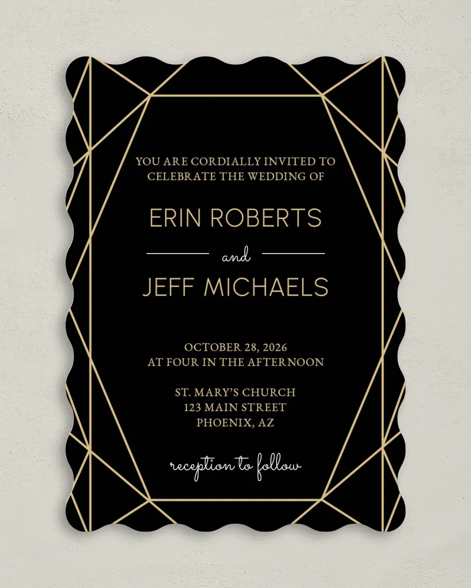 This is a 5" x 7" Wavy Wedding Invitation called Luxe Gem printed in full color on Premium Smooth paper