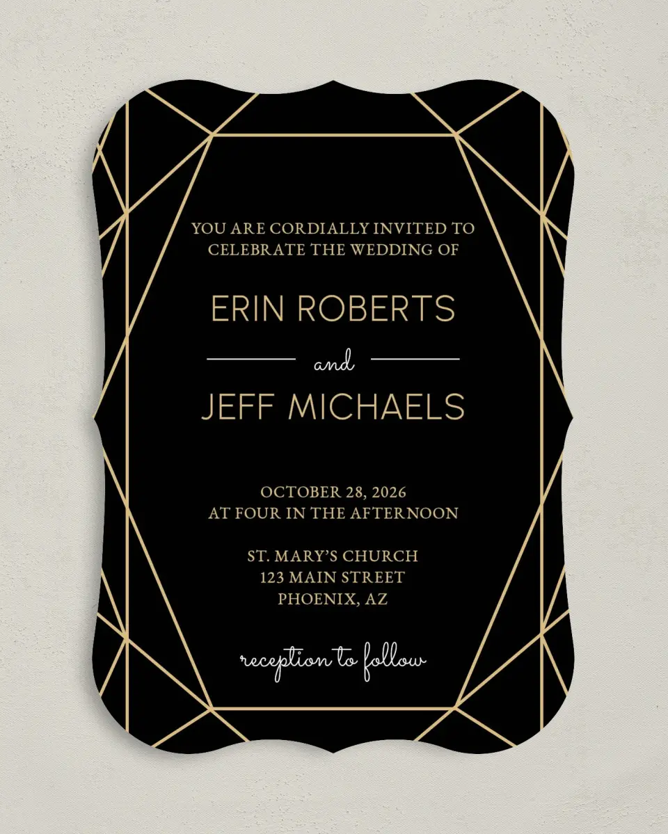 This is a 5" x 7" Bracket Wedding Invitation called Luxe Gem printed in full color with Silver foil on Luxe Satin (coated) paper