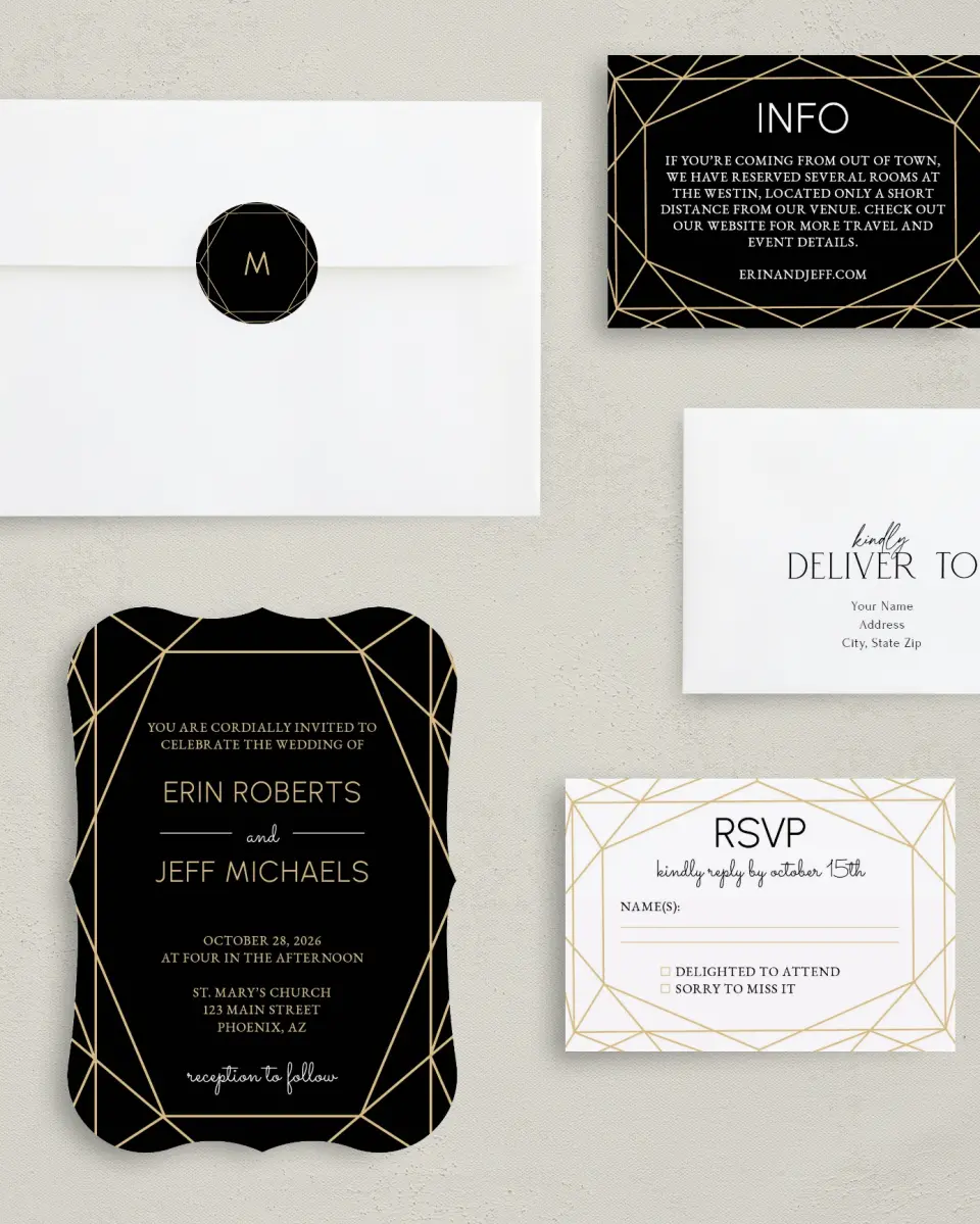 This is a 5" x 7" Bracket Wedding Invitation called Luxe Gem printed in full color with Silver foil on Luxe Satin (coated) paper