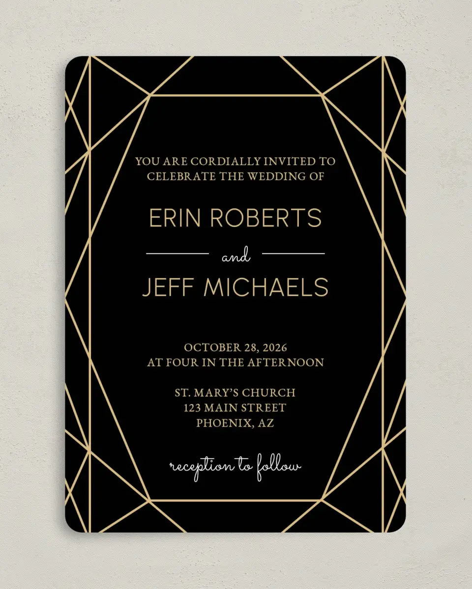 This is a 5" x 7" Rounded Wedding Invitation called Luxe Gem printed in full color on Premium Smooth paper