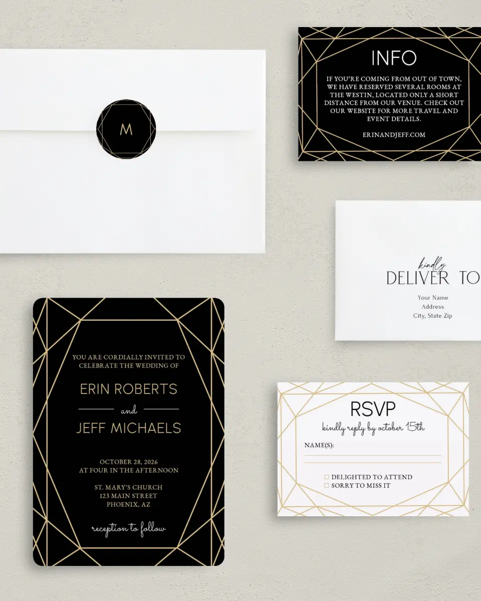 This is a 5" x 7" Rounded Wedding Invitation called Luxe Gem printed in full color with Gold foil on Luxe Satin (coated) paper