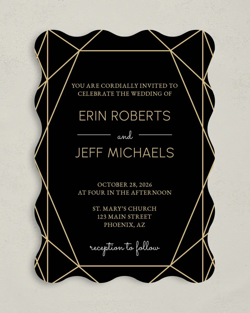 This is a 5" x 7" Wavy Wedding Invitation called Luxe Gem printed in full color on Premium Smooth paper