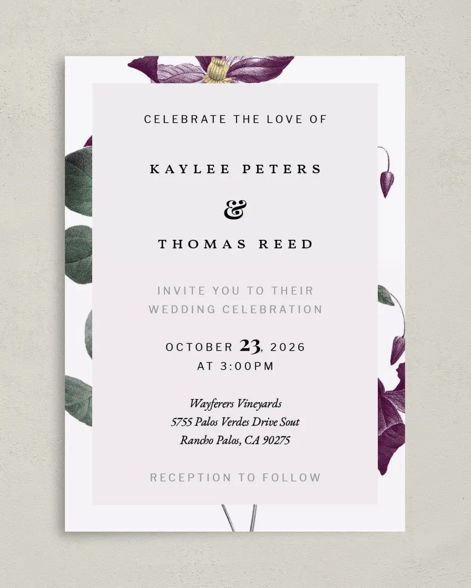 This is a 5" x 7" Classic Wedding Invitation called Garden Laurel printed in full color on Premium Smooth paper