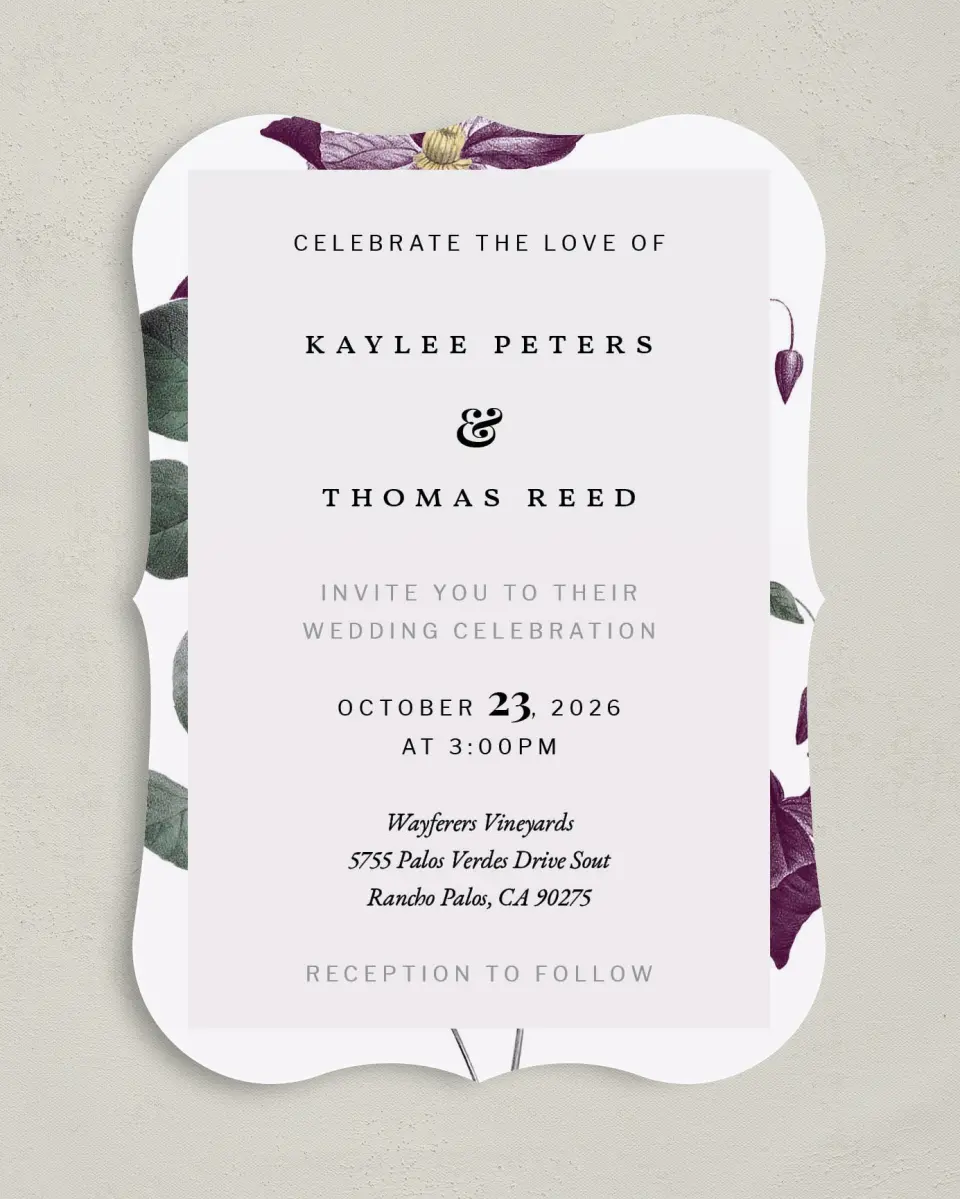 This is a 5" x 7" Bracket Wedding Invitation called Garden Laurel printed in full color on Premium Smooth paper