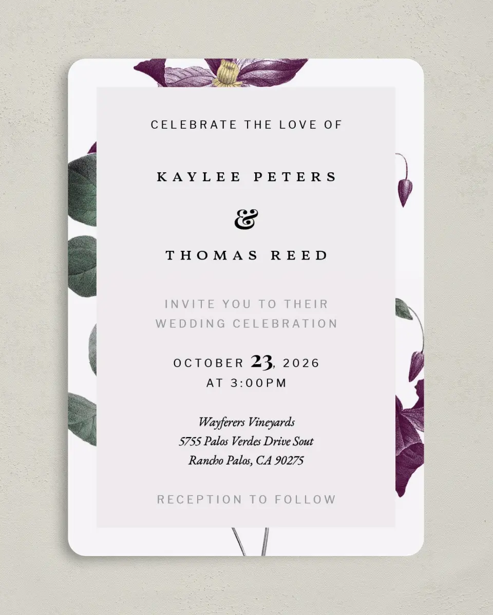 This is a 5" x 7" Rounded Wedding Invitation called Garden Laurel printed in full color on Premium Smooth paper
