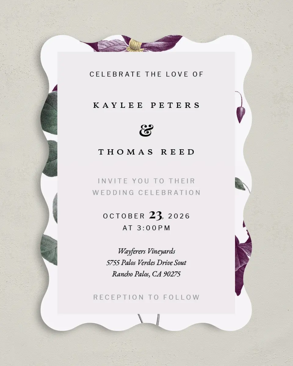 This is a 5" x 7" Wavy Wedding Invitation called Garden Laurel printed in full color on Premium Smooth paper