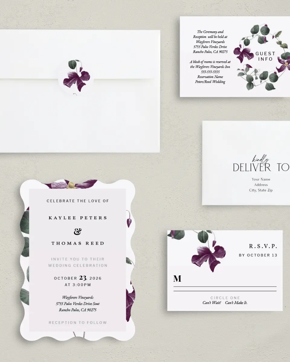 This is a 5" x 7" Wavy Wedding Invitation called Garden Laurel printed in full color with Gold foil on Luxe Satin (coated) paper