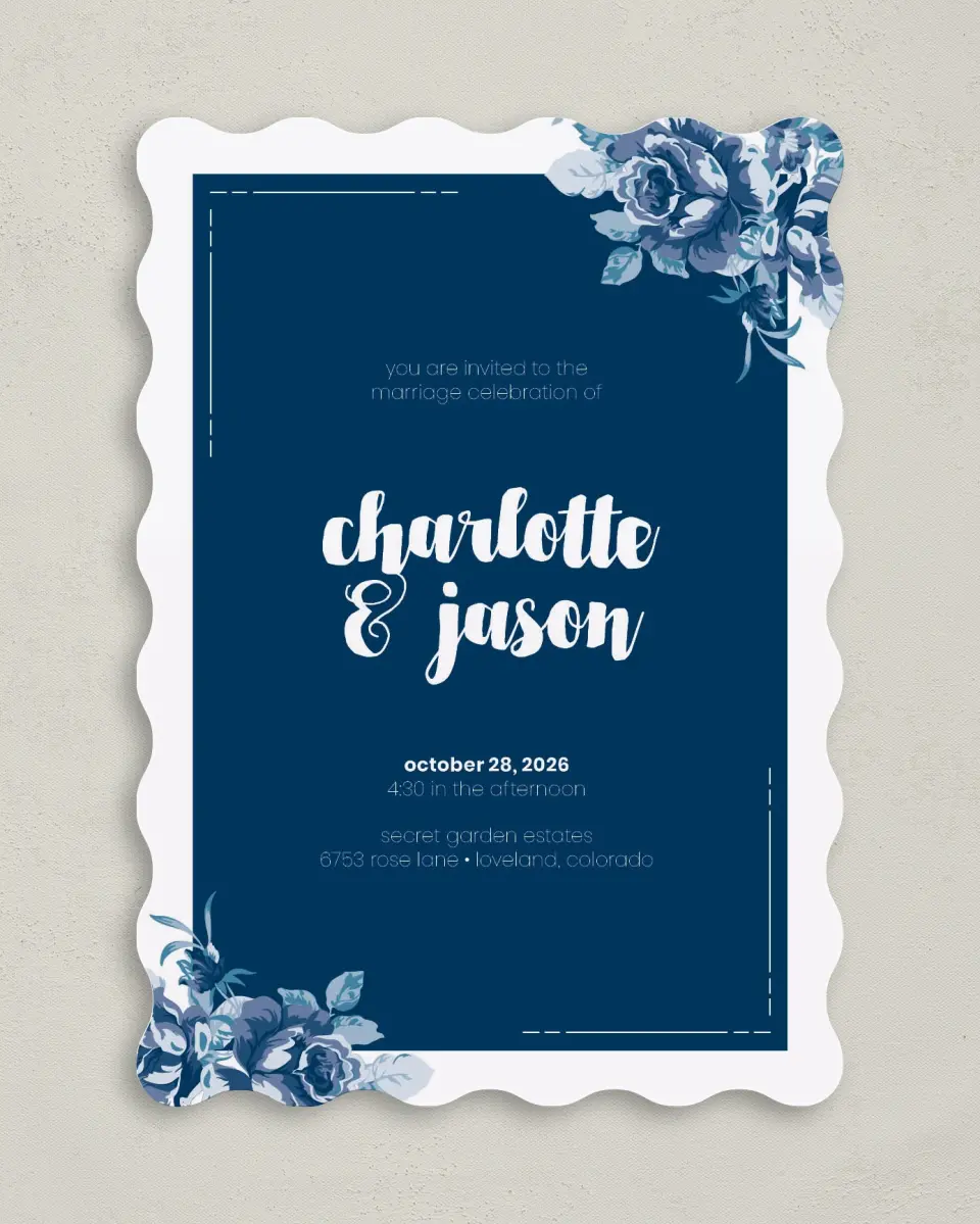 This is a 5" x 7" Wavy Wedding Invitation called Winsome Bouquet printed in full color on Premium Smooth paper