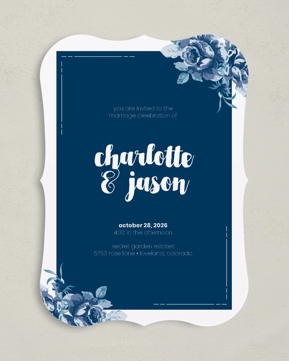This is a 5" x 7" Bracket Wedding Invitation called Winsome Bouquet printed in full color on Premium Smooth paper