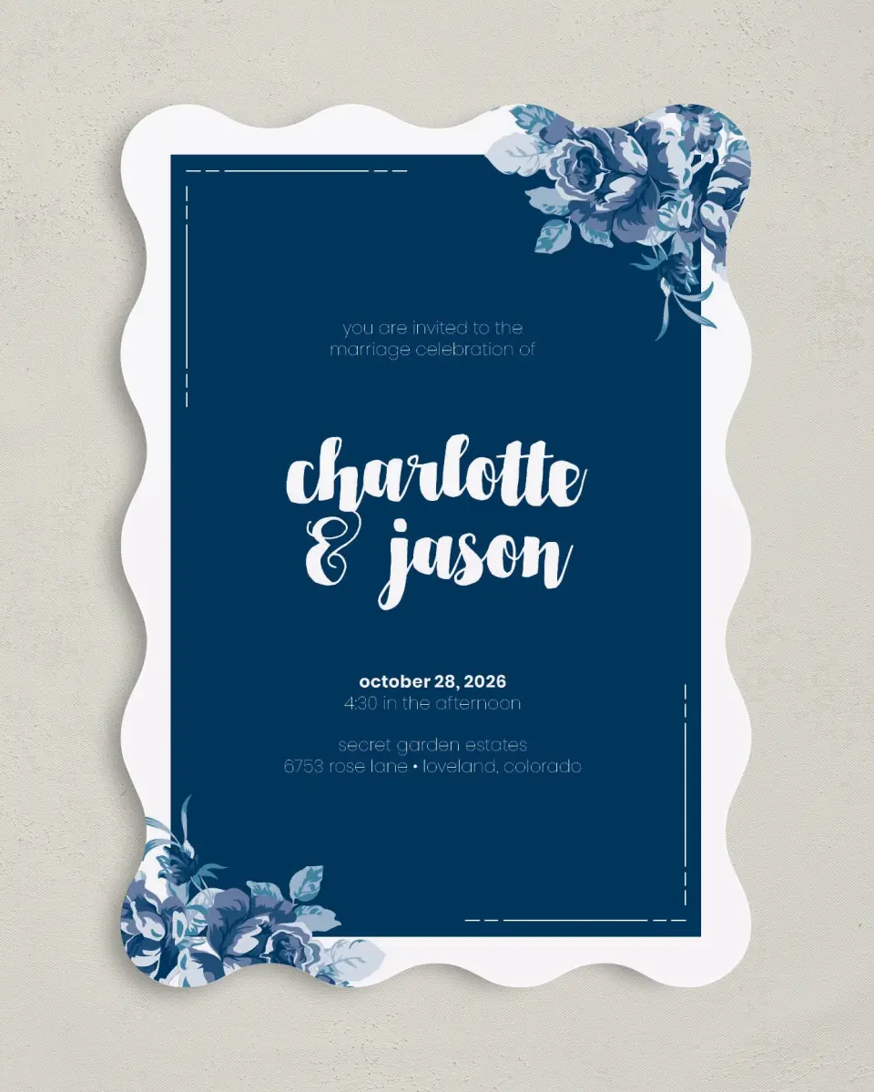 This is a 5" x 7" Wavy Wedding Invitation called Winsome Bouquet printed in full color on Premium Smooth paper