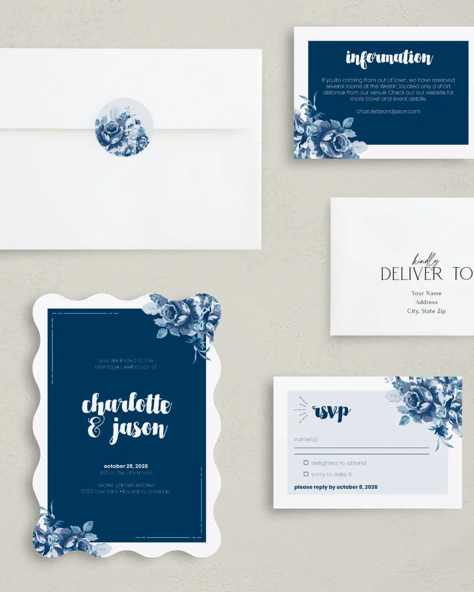 This is a 5" x 7" Wavy Wedding Invitation called Winsome Bouquet printed in full color with Gold foil on Luxe Satin (coated) paper