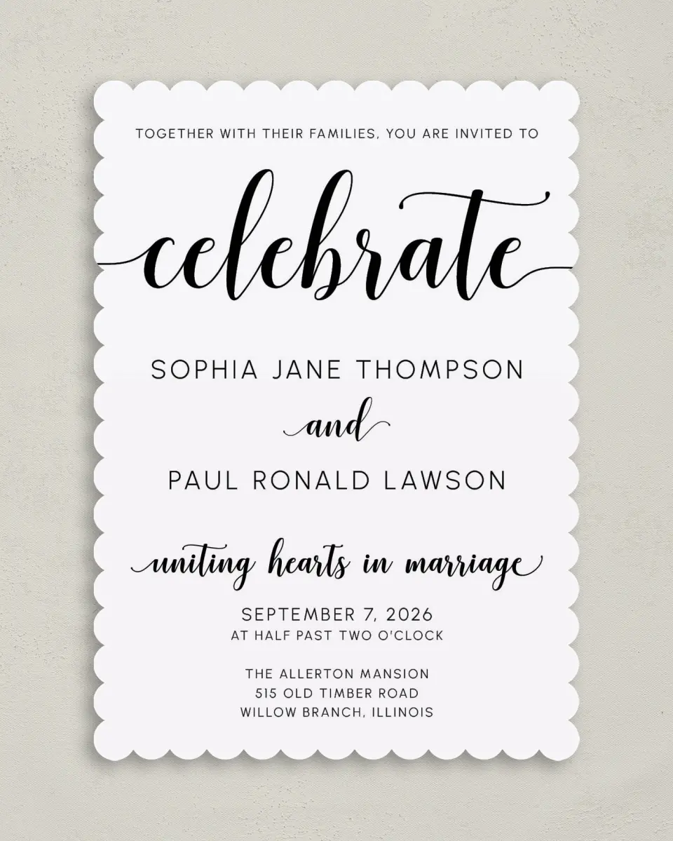 This is a 5" x 7" Classic Wedding Invitation called True Celebration printed in full color with Gold foil on Luxe Satin (coated) paper