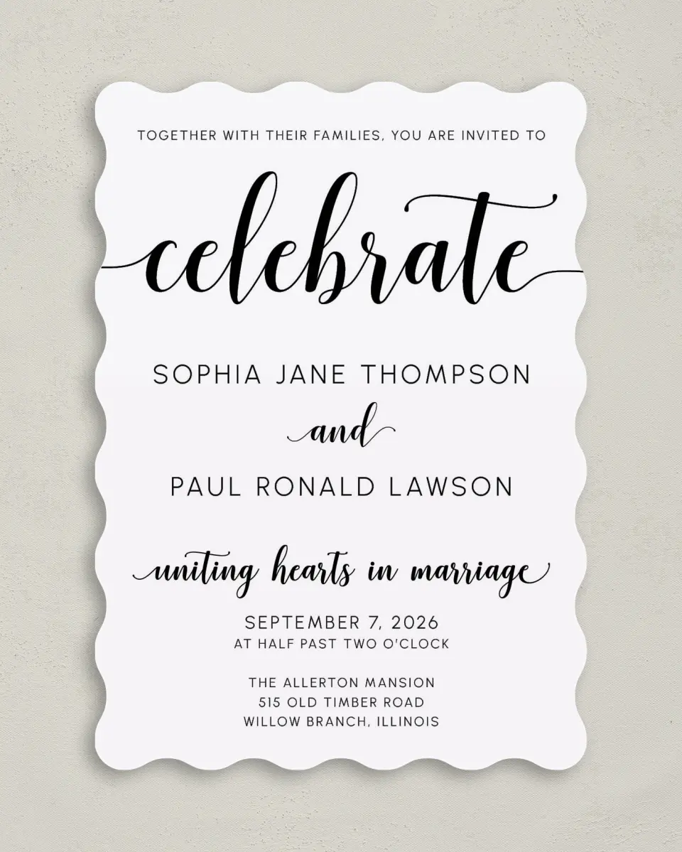 This is a 5" x 7" Wavy Wedding Invitation called True Celebration printed in full color on Premium Smooth paper