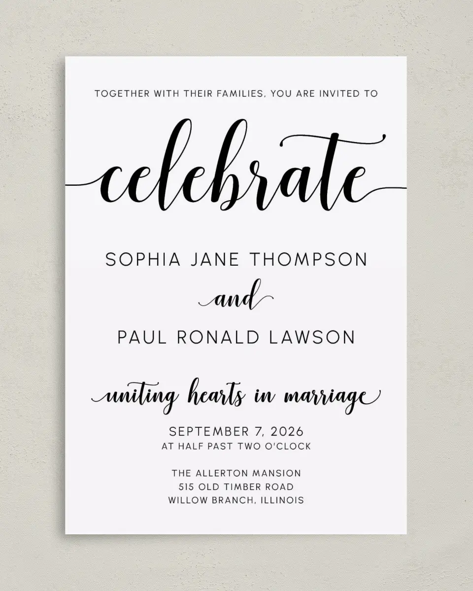 This is a 5" x 7" Classic Wedding Invitation called True Celebration printed in full color with Gold foil on Luxe Satin (coated) paper