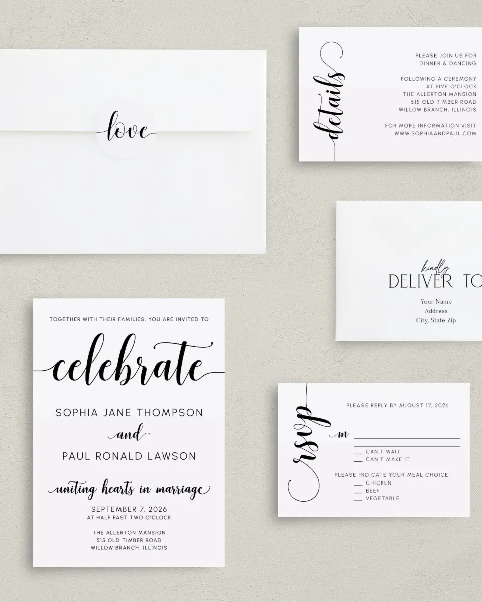 This is a 5" x 7" Classic Wedding Invitation called True Celebration printed in full color with Gold foil on Luxe Satin (coated) paper