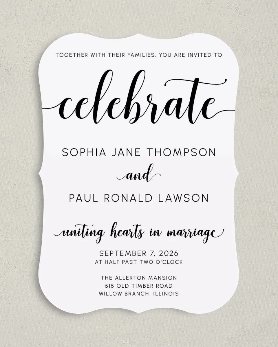 This is a 5" x 7" Bracket Wedding Invitation called True Celebration printed in full color with Silver foil on Luxe Satin (coated) paper