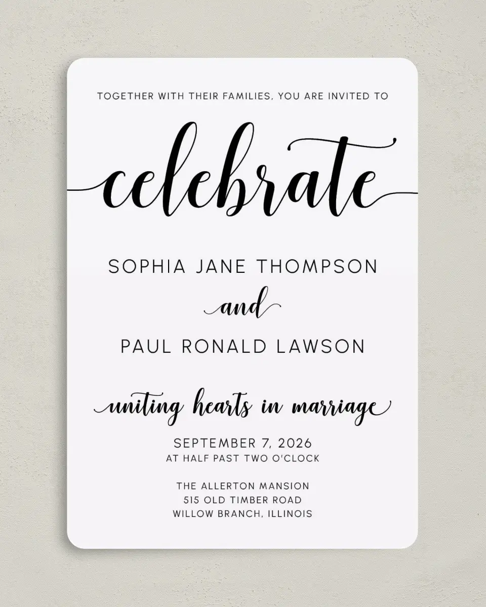This is a 5" x 7" Rounded Wedding Invitation called True Celebration printed in full color on Premium Smooth paper