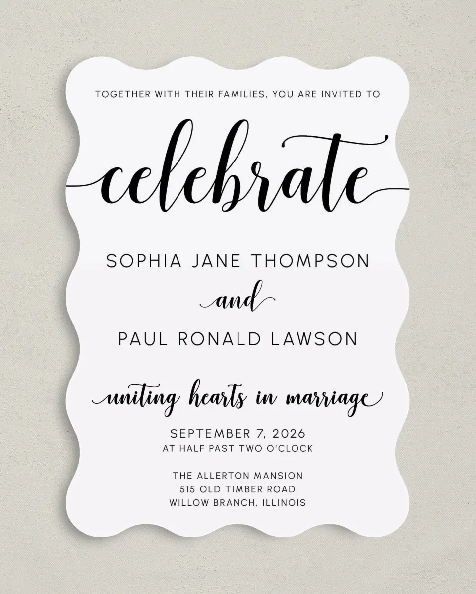 This is a 5" x 7" Wavy Wedding Invitation called True Celebration printed in full color on Premium Smooth paper