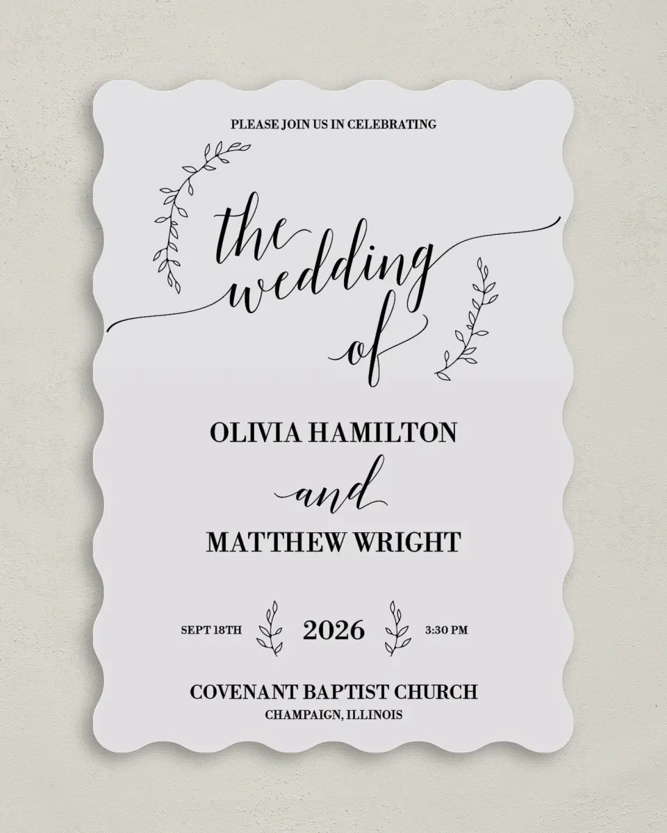 This is a 5" x 7" Wavy Wedding Invitation called Naturally Leaves printed in full color on Premium Smooth paper