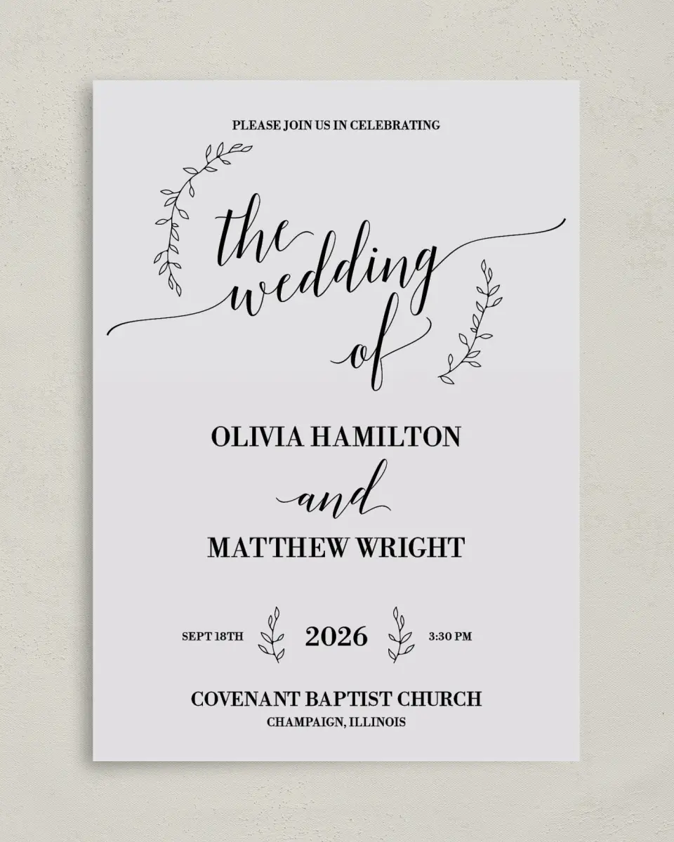 This is a 5" x 7" Classic Wedding Invitation called Naturally Leaves printed in full color on Premium Smooth paper