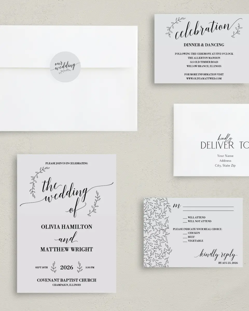 This is a 5" x 7" Classic Wedding Invitation called Naturally Leaves printed in full color with Gold foil on Luxe Satin (coated) paper