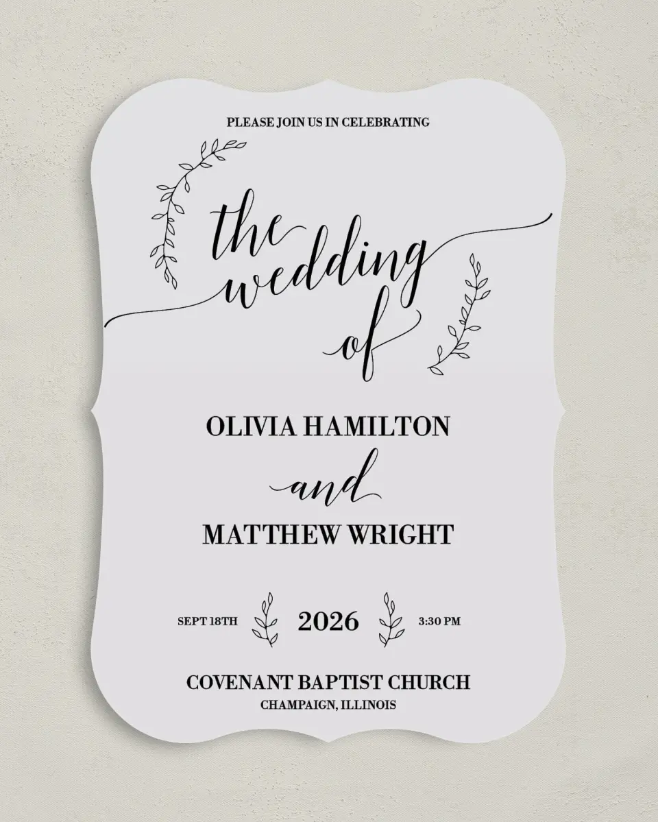 This is a 5" x 7" Bracket Wedding Invitation called Naturally Leaves printed in full color with Silver foil on Luxe Satin (coated) paper