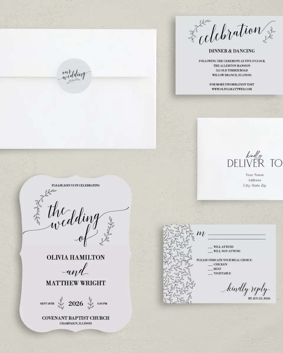 This is a 5" x 7" Bracket Wedding Invitation called Naturally Leaves printed in full color with Silver foil on Luxe Satin (coated) paper