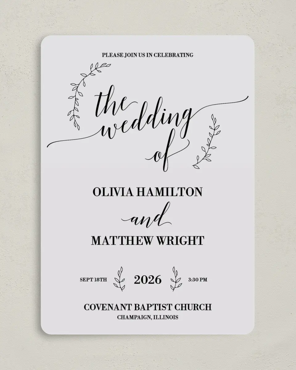 This is a 5" x 7" Rounded Wedding Invitation called Naturally Leaves printed in full color on Premium Smooth paper