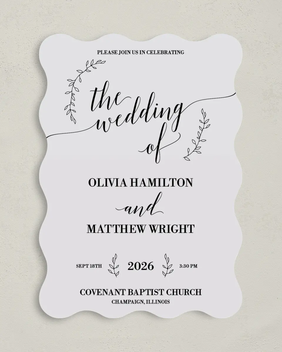 This is a 5" x 7" Wavy Wedding Invitation called Naturally Leaves printed in full color on Premium Smooth paper