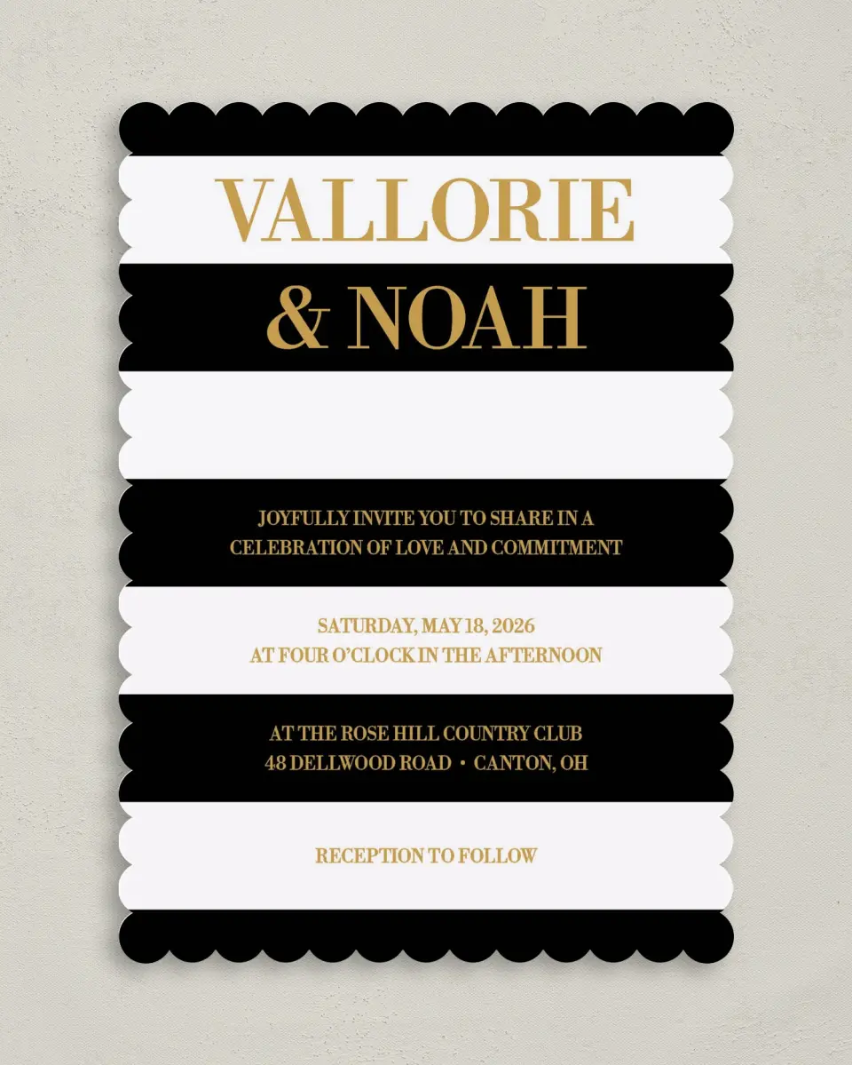 This is a 5" x 7" Classic Wedding Invitation called Black Tie Affair printed in full color on Premium Smooth paper
