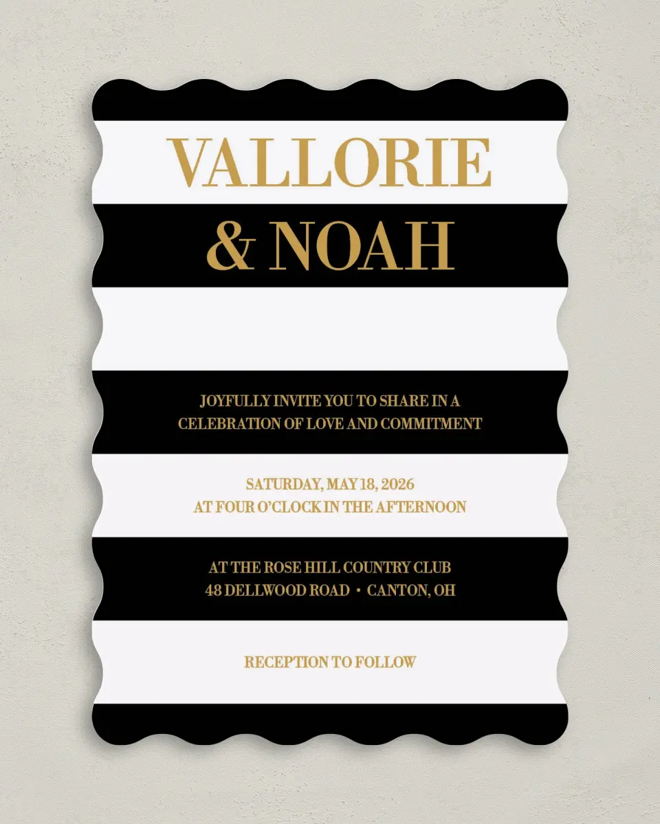 This is a 5" x 7" Wavy Wedding Invitation called Black Tie Affair printed in full color on Premium Smooth paper
