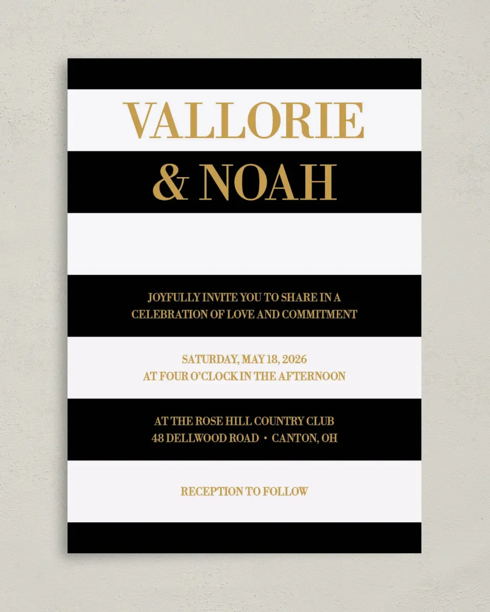 This is a 5" x 7" Classic Wedding Invitation called Black Tie Affair printed in full color on Premium Smooth paper