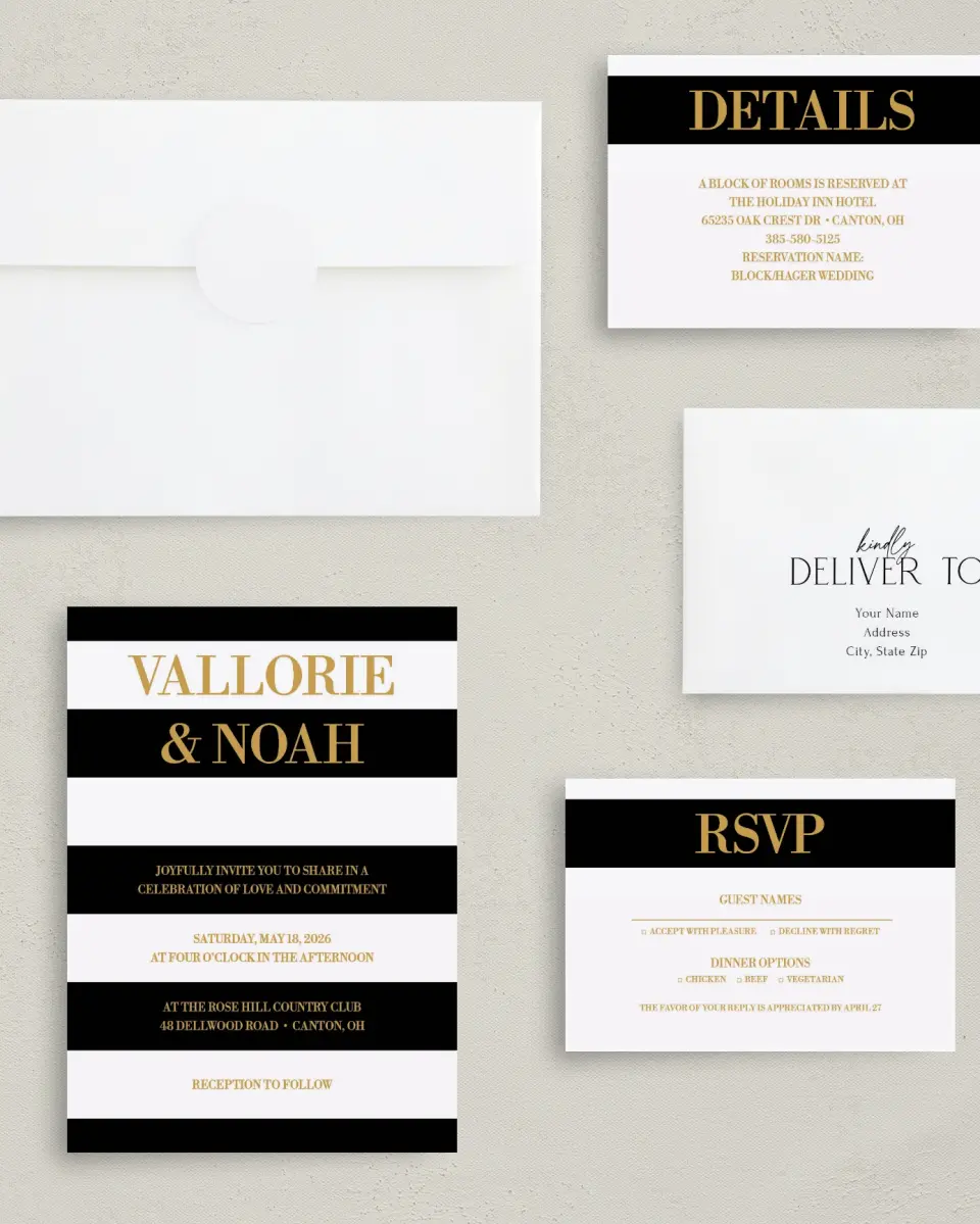 This is a 5" x 7" Classic Wedding Invitation called Black Tie Affair printed in full color with Gold foil on Luxe Satin (coated) paper