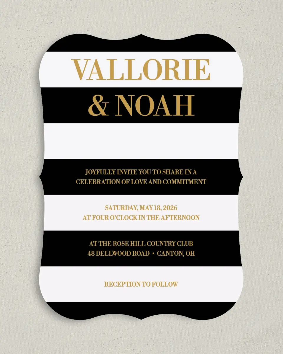 This is a 5" x 7" Bracket Wedding Invitation called Black Tie Affair printed in full color with Silver foil on Luxe Satin (coated) paper