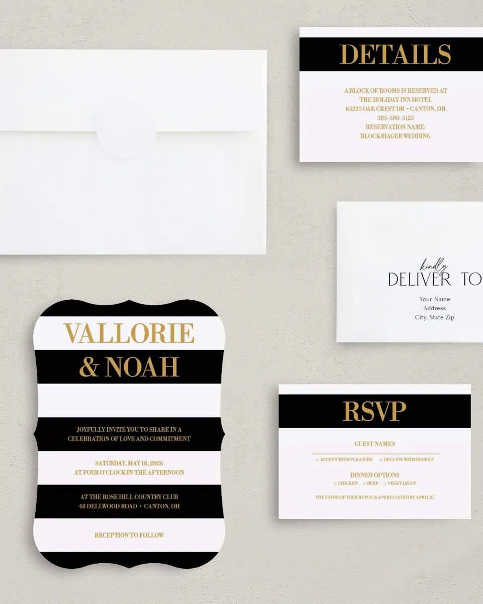 This is a 5" x 7" Bracket Wedding Invitation called Black Tie Affair printed in full color with Silver foil on Luxe Satin (coated) paper