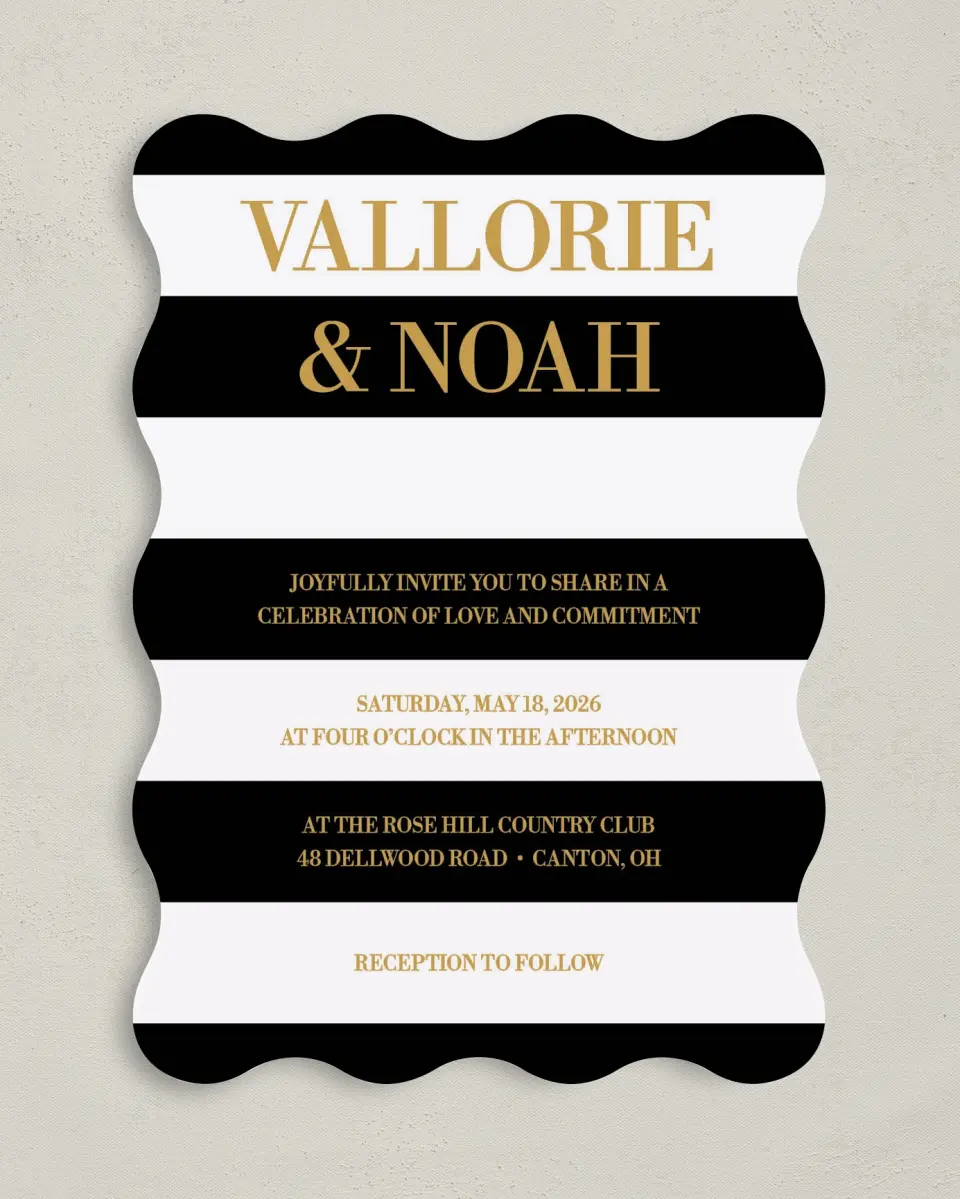 This is a 5" x 7" Wavy Wedding Invitation called Black Tie Affair printed in full color on Premium Smooth paper