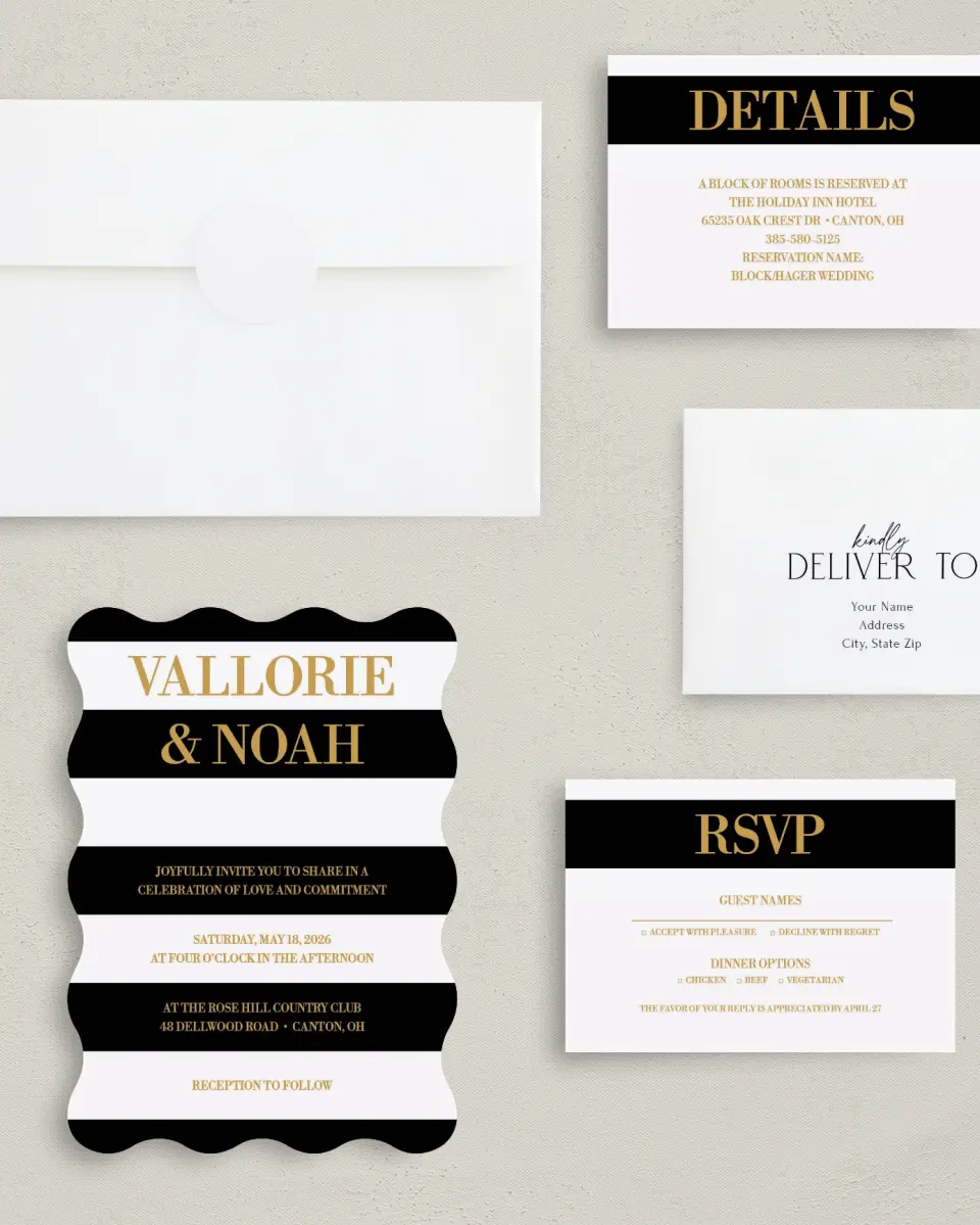 This is a 5" x 7" Wavy Wedding Invitation called Black Tie Affair printed in full color with Silver foil on Luxe Satin (coated) paper